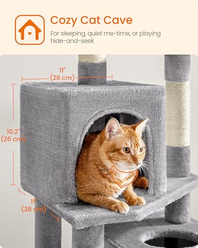 Image of Feandrea Cat Tree, 59.5-Inch Tall Cat Tower, Plush Multi-Level Condo with 5 Scratching Posts, 2 Perches, 2 Caves, Hammock, 2 Pompoms, Light Gray UPCT192W01