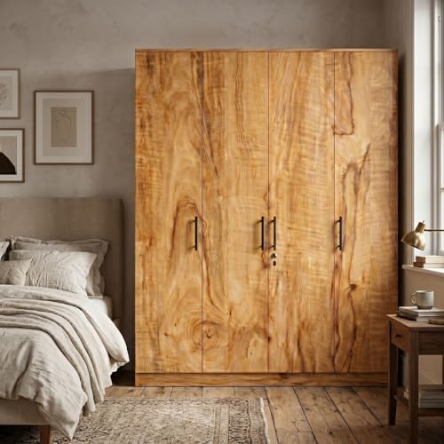 Image of FFO Kavisto 4 Door Wooden Wardrobe for Bedroom, Large Clothes Storage Cabinet with Hanging Space, Shelves, Drawer & Lock, Modern Wood Finish Almirah for Home, Bedroom & Living Room DIY.