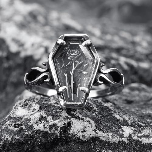Mens Coffin Rings Stainless Steel Gothic Punk Goth Vampire Rose Flower Coffin Ring Jewelry for Men Women Size 7/8/9/10/11/12/133