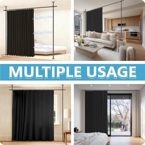 Image of JILRON No-Drill Room Divider Curtain Set: Includes 106 inch W x 96 inch L Black Curtain & Adjustable Pole Brackets (35-100 inch W x 43-120 inch H Adjustable Range)