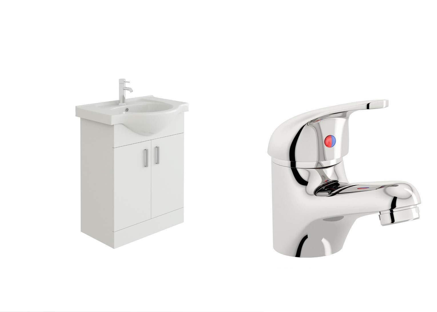 VeeBath Linx 650 Vanity Unit with Ceramic Wash Basin Sink and Mono Mixer Tap, Floor Standing, Soft Close Doors Bathroom Storage Cabinet- White (Flat Pack)