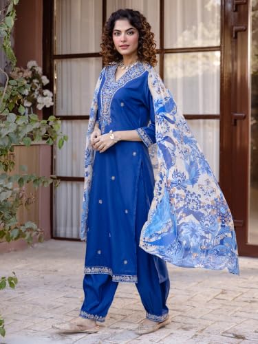 Image of INDO ERA Women's Rayon Viscose Rayon Embroidered Straight Kurta & Salwar with Dupatta Set