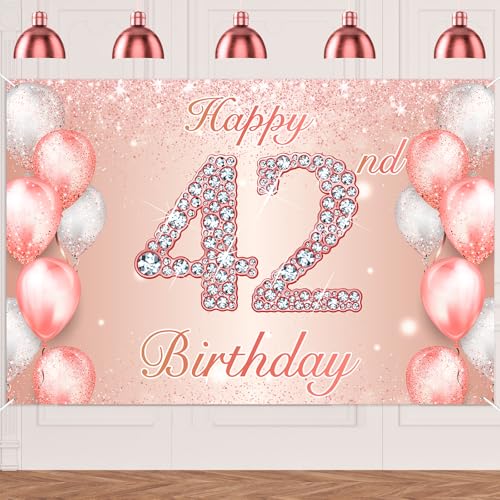 Image of Happy 42nd Birthday Rose Gold Banner Cheers to 42 Years Old Backdrop Confetti Balloons Theme Decor for Women 42 Years Old Pink Birthday Party Decorations Bday Supplies Background Favors Gift Glitter