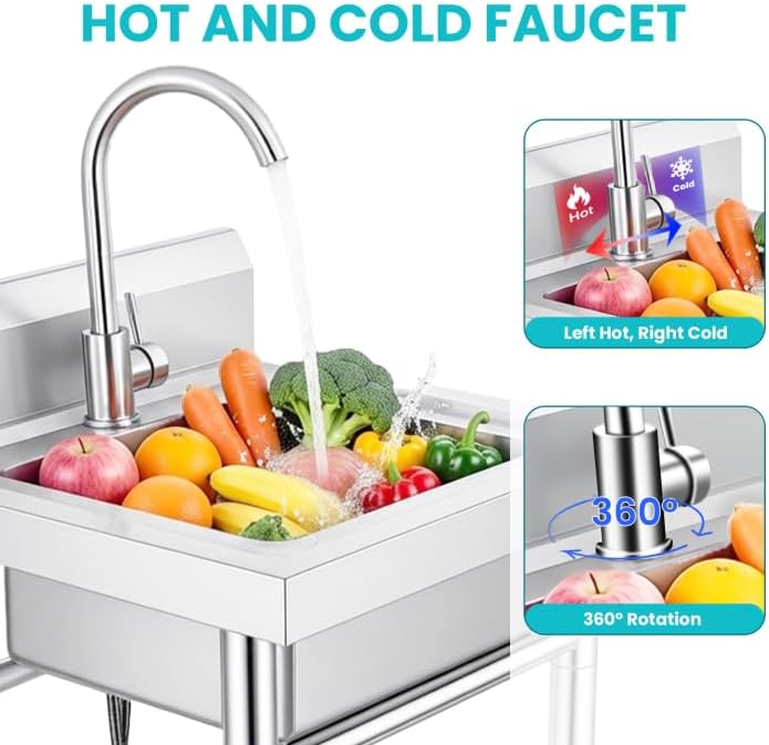 360°Rotation & Removable Strainer Stainless Steel Utility Sink, Commercial Kitchen Single Bowl Sink, Stainless Steel Sink with Bottom Partition Board for Bar, Restaurant