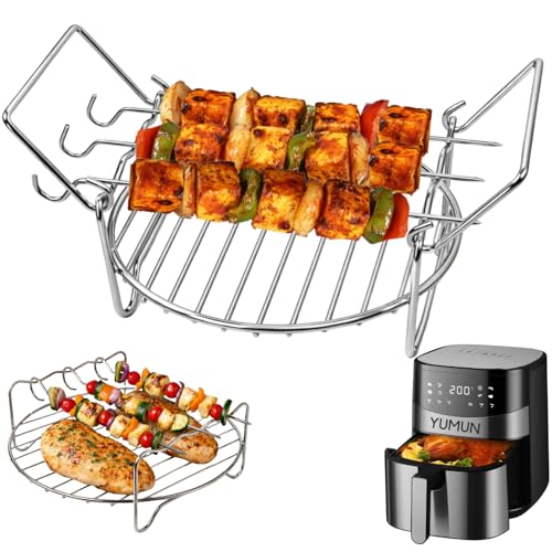 Image of Yumun Air Fryer 7 Inch Round Grill Stand with 2 Handles | 4L-6.2L Compatible | Stainless Steel BBQ Rack for Air Fryer, Microwave & Oven | 3 Skewers Included | Check Size Before Buying