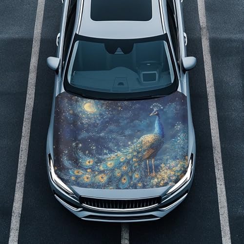 Image of Car Hood Cover, Easy Installation Auto Engine Cover Stretchable Car Hood Protector, Peacock Prints Waterproof Sunproof Automotive Exterior Accessories