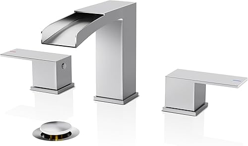 Phiestina, NS-WF002-1-BN - Grifo de lavabo de baño con 3 agujeros de níquel cepillado, con montaje de drenaje desplegable de metal y líneas de