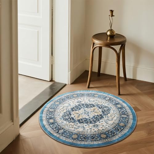 Image of Carvapet Vintage 24 inch /61 cm Small Round Rugs Non-Slip Washable Circle Rug with Rubber Backing Foldable Low Pile Design for Living Room Bedroom, 2ft Dark Blue Mini Rug