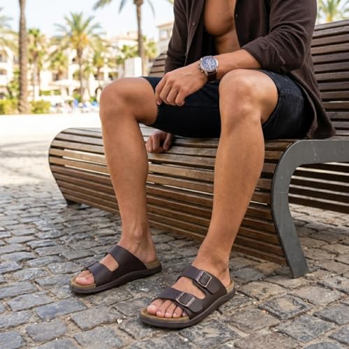 Image of CUSHIONAIRE Mars Double Buckle Slide Sandals for Men with Arch Support, Cork Footbed and EVA Outsole