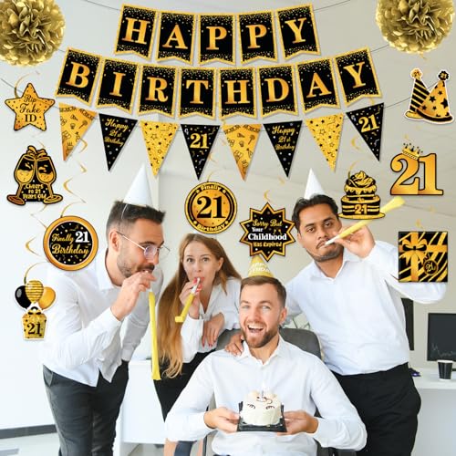 Image of 21st Birthday Decorations for Him - Black and Gold Happy 21st Birthday Banner with Hanging Swirls Streamers, Paper Pom Poms, Pre-Strung Party Decor Kit