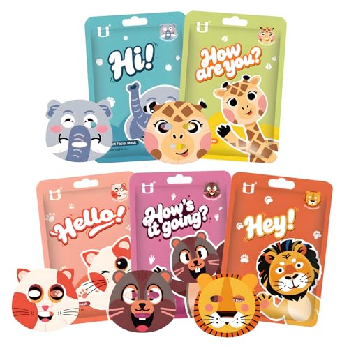 5 Stück Tuchmasken Gesicht Kinder mit Tiermotiv Gesichtsmaske Kinder Mädchen Hydratisieren Gesichtsmasken Aufhellen Beruhigen Tuchmasken Geschenk für Teenager Mädchen
