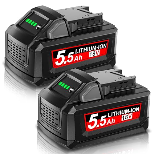 2X 5.5Ah/5500mAh Battery for Milwaukee M18, Powtree Replacement for Milwaukee 18V Battery 48-11-1810 48-11-1820 48-11-1850 48-11-1828 48-11-1860 Cordless Power Tool with Indicator (Lithium/Red)