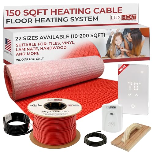 LuxHeat 150sqft Electric Radiant Floor Heating System - 120v In Floor Heat Kit for Tile - Includes UWG5 WiFi Programmable Thermostat w/GFCI, Uncoupling Membrane, Heater Cable, Sensor & Alarm