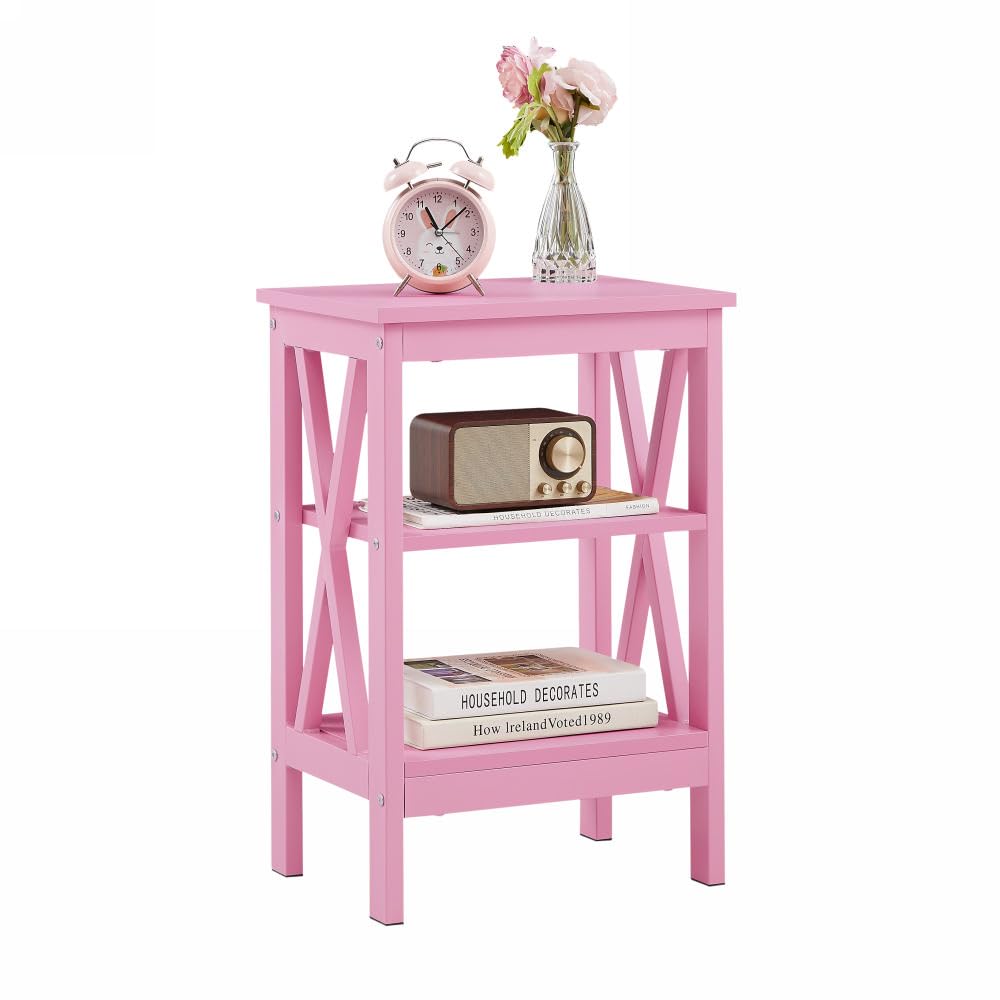 VECELO End Table, Bedside Table, 24" Tall Living Room End Tables, X-Design Reinforced Nightstands, Side Table with 3-Tier Storage Shelves for Small Spaces, Office, Bathroom, Bedroom, Pink