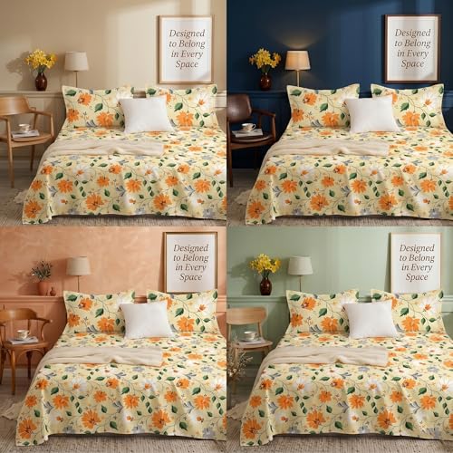 Image of BSB HOME 240 TC Cotton Bedsheet with 2 Pillow Covers, Soft Breathable Floral King Size Flat Bed Sheet - 90 x 100 Inches (228 x 254 cm) (Burnt Orange)