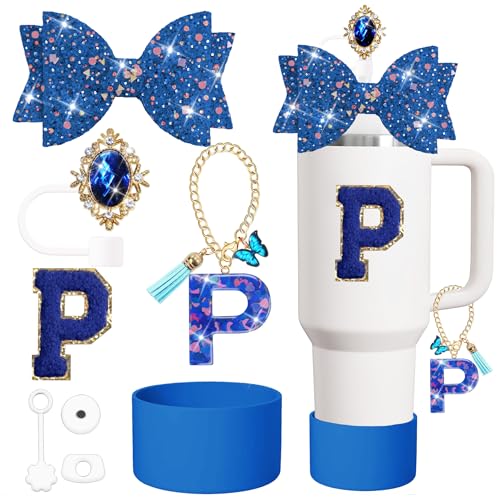 XIANGYUAN 8PCS Stanley Cup Accessories Set Including Straw Cover Cap, Cup Initials Charm,Sticker,Silicone Boot,Round and Square Spill Proof Stopper(Dark blue P)