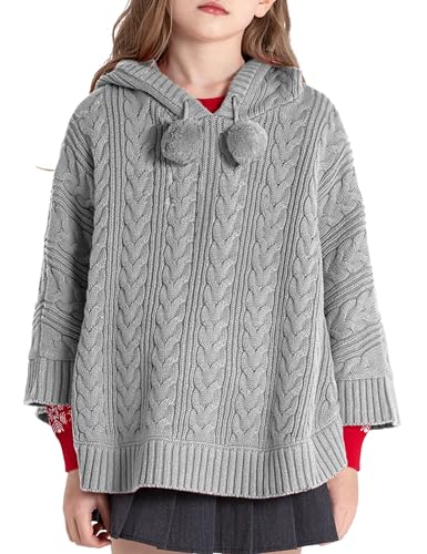 Image of BOBOYOYO Cape for Girls Hooded Cable Knit Poncho Sweaters Kids Shawl