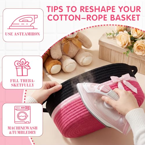 Image of Colingmill 1 Set Woven Basket for Gift Empty with Cellophane Wrap Set 14 x 10 x 5.5 Inch, Medium Decorative Gift Basket Empty to Fill, Cotton Rope Storage Box Decor (Black Hot Pink)