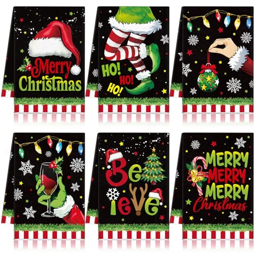 FuWeave 6 Pcs Christmas Kitchen Towels Lime Green Black Merry Christmas Tea Dishtowel 21 x 14 Inch Decorative Winter Bathroom Hand Towel Xmas Decor for Kitchen Bathroom Farmhouse Gift