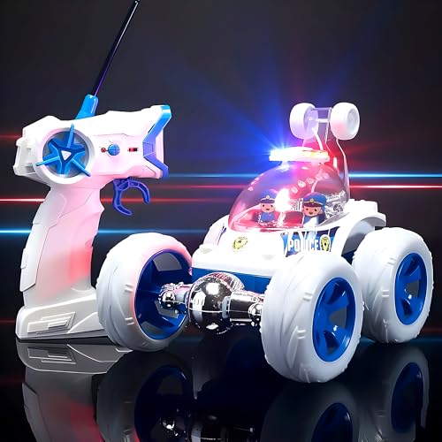 Image of SMART BOY Remote Control Police Car Toy with Mist Fog Effect, 360 Rotation 4WD Stunt RC Car, Anti Skid Rubber Tires, Rechargeable Smoke Racing Car with LED Lights for Kids Boys Girls Age 4+ 8844 PO