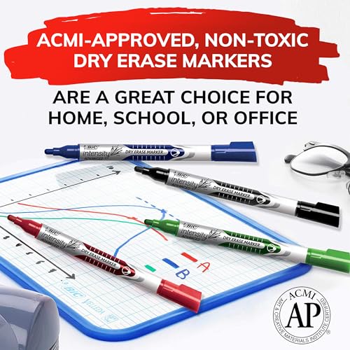 BIC Intensity Advanced Colorful Dry Erase Markers, Bullet Tip, 12-Count Pack of Assorted Colors, Whiteboard Markers for Teachers and Office Supplies