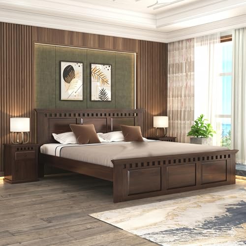Image of Sheesham Wood Queen Size Bed Without Storage | Solid Wooden Cot Bed | Double Bed Furniture for Bedroom Living Room Home - Q 04, Walnut Finish (Assembly Included)