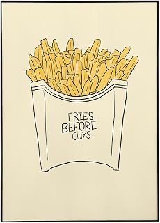 Framed wall art print for kitchen decor featuring Fries Before Guys humor, vintage foodie style poster, quirky gift for a recently divorced friend or family member, home gallery