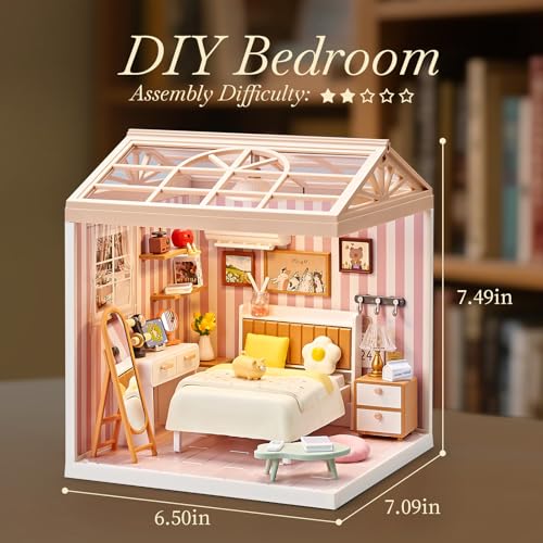 DIY Play Miniature Bedroom Kit – 82Pcs 1:20 Scale Cozy Dollhouse Room Toy with LED Light & Blister Packaging, Connectable Tiny House Model for Kids 8+ & Teens