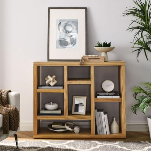 7 Cube Shelf Bookcase Wooden 3 Tiers Floor Standing Low Storage Cabinet Display Shelves for Home Library and Office, 7-Cube Low Lattice Bookshelf Natural Wood