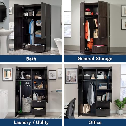 Image of Sauder Select Multipurpose Bedroom Armoire Wardrobe Closet Pantry Storage Cabinet with Storage Drawers and Hanging Rail, in Cinnamon Cherry