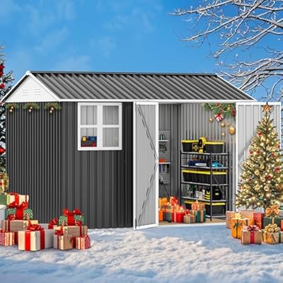 DWVO 10x8ft Metal Outdoor Storage Shed with Window, Lockable Tool Storage Sheds, Oversized Steel Garden Sheds with Sloped Roof for Backyard, Patio, Garage, Lawn, Dark Gray