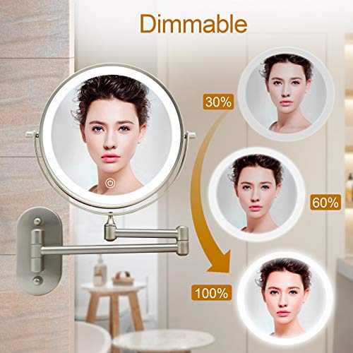 Rechargeable Lighted Makeup Mirror Wall Mount, 8'' Double Side 1X 10X Magnifying Makeup Mirror With Light, Extendable Vanity Mirror With 3 Color Modes, Touch Screen Dimming Bathroom Mirror #TOP5