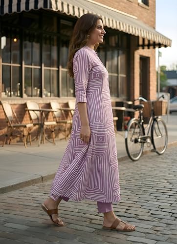 Image of Yash Gallery Women's Cotton Printed A-Line Kurta with Pant Set |Lilac Geometric Print|Mandarin Collar, Front Buttons & Short Roll-Up Sleeves|Casual & Office Ethnic Wear