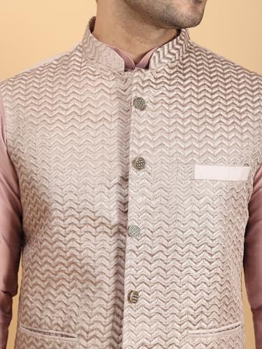 Image of Ethluxis Men Silk Blend Kurta Jacket Set with Mandarin Collar