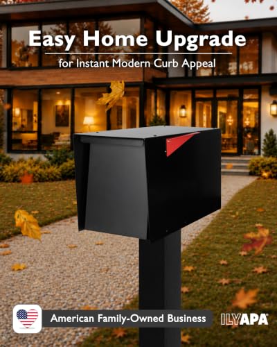 Image of Ilyapa Large Modern Mailbox for Outside - Black - Post Mount