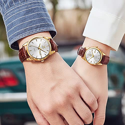 Image of OLEVS Couple Watches Quartz Calendar Luminous Waterproof Leather Luxury Casual Wrist Watch for Men & Women Best Gift for Anniversary, Valentine's Day