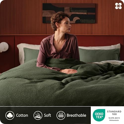 Image of Bedsure Cotton Duvet Cover Queen Size - 100% Cotton Waffle Weave Olive Green Duvet Cover, PureWoven Textured Breathable Bedding Comforter Cover for All Season, 1 Duvet Cover Only 90 inchx90 inch