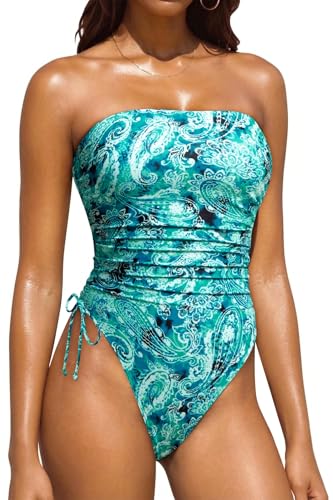 Image of Yonique Women Strapless One Piece Swimsuit Tummy Control Bandeau Bathing Suit Cheeky Swimwear