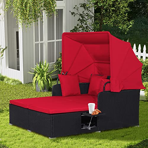 COSTWAY Outdoor Daybed with Retractable Canopy, Wicker Patio Furniture Set with Cushioned Pillows, Patio Rattan Daybed for Deck, Backyard, Poolside (Red)