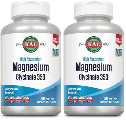 KAL Magnesium Glycinate Capsules, Fully Chelated Magnesium Bisglycinate, High Absorption Magnesium Supplement, Healthy Bones, Muscle, Relaxation and Stress Support, Non-GMO 160 Count (Pack of 2)