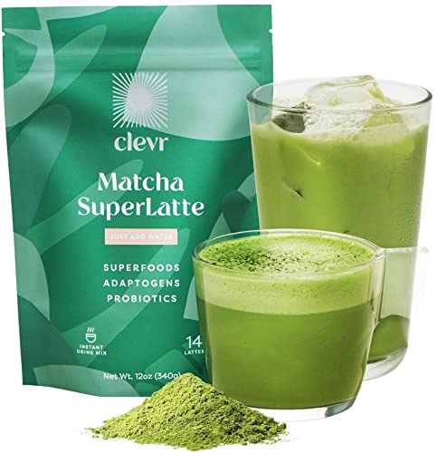 Clevr Blends Organic Matcha Green Tea Latte, Instant Ceremonial Grade Matcha, Superfood Powder Blend with Oat Milk, Lions Mane, Reishi Mushroom, Coconut Cream, Ashwagandha, Serve Hot or Iced, 12 oz