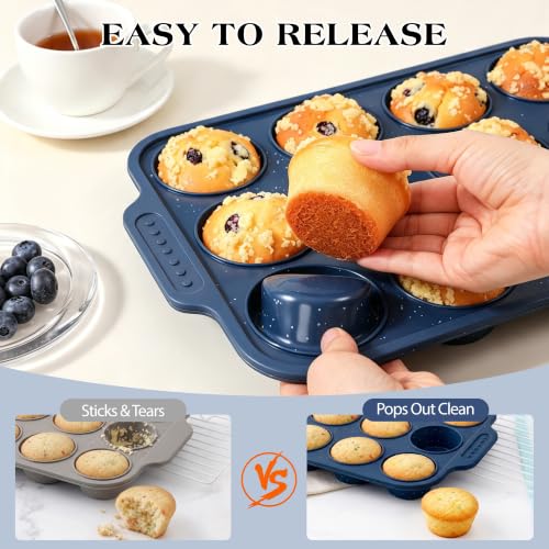 Image of Silicone Muffin Pans for Baking with Metal Reinforced Frame | Nonstick 12-Cup Regular Size Cupcake Tray for Egg Bites, Muffins & Cupcakes, Dishwasher Safe, Dark Blue, 1 Pc