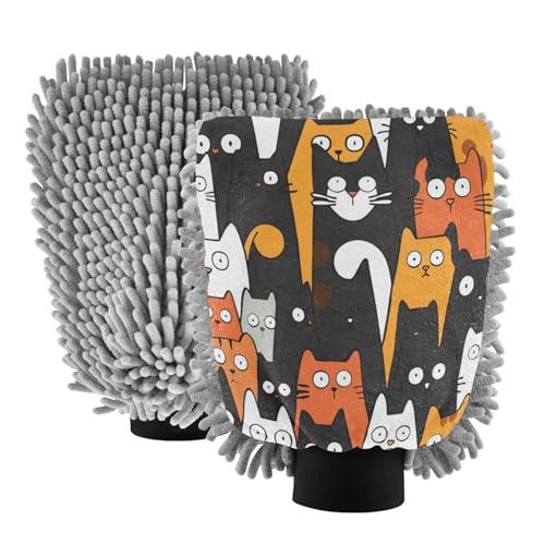 ALAZA Cats Kitten Cartoon Car Wash Mitt Scratch Free, 2 Pack Absorbent Microfiber/Chenille Washing & Drying Mitts, M