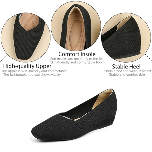 Women's Knit Square Toe Flats Casual Comfortable Slip On Soft Bottom Internal Height Increase Dress Shoes for Daily Work Walking Flat Shoes3