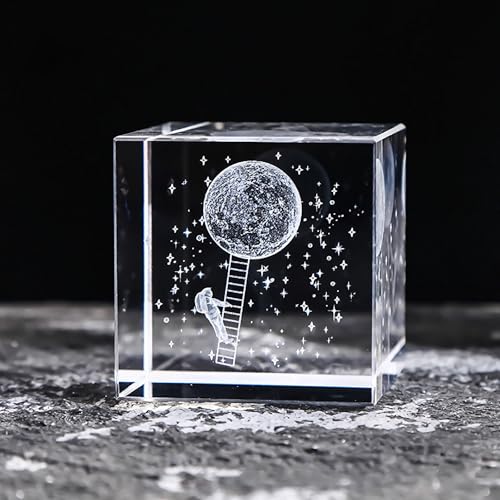 Hikiwin 3D Moon in Crystal Glass Cube Paperweight, Laser Engraved 3D Gift Decorative Quartz Glass Cube, Laser Engraved Statue Model Home Decor, Climb the Moon, 2.3 Inches, 1 Piece