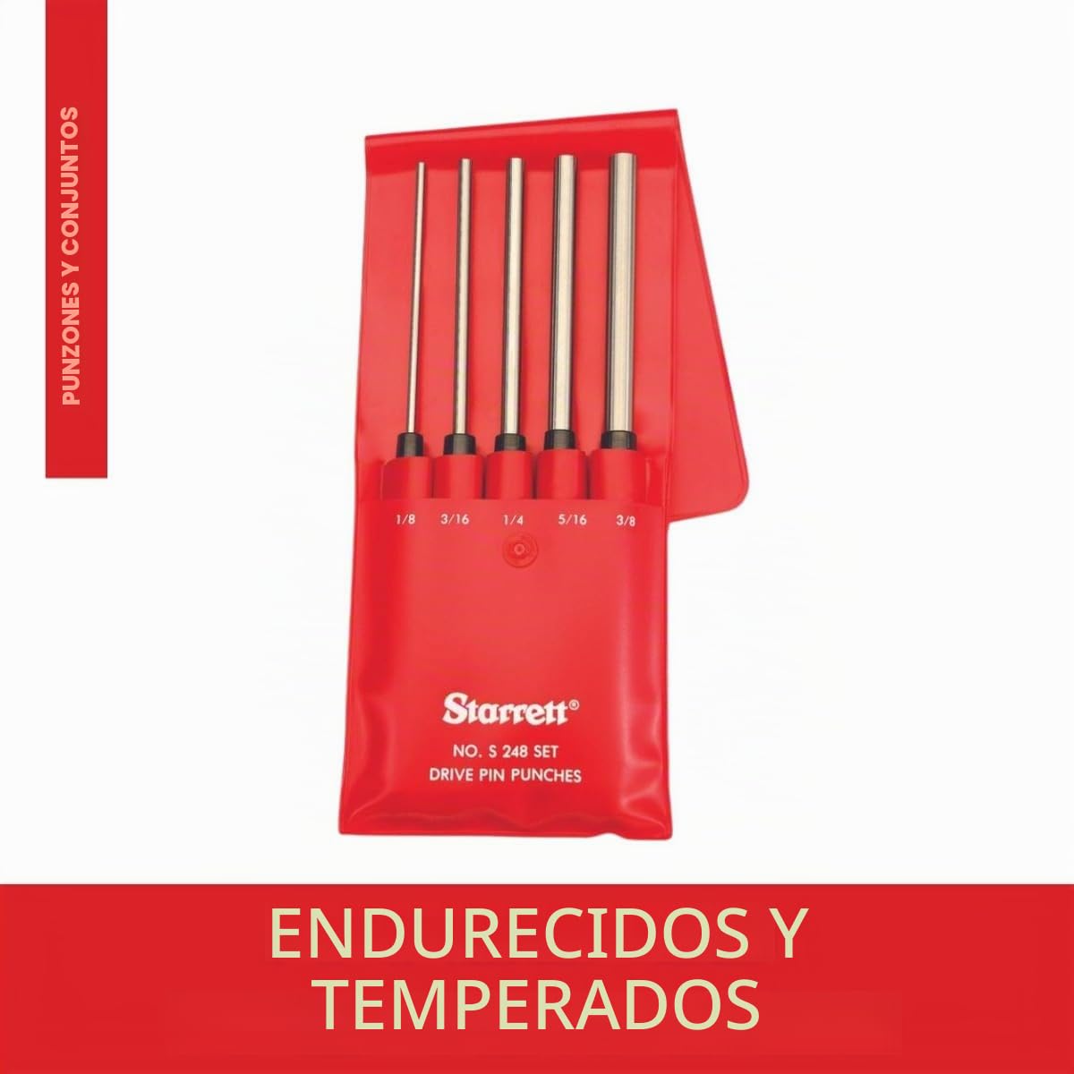 Starrett S248PC - Juego de Punzones de Impulsión de Longitud Extendida, Diámetros 1/8"-3/8", Longitud Total 8", Clavija 3-1/2"