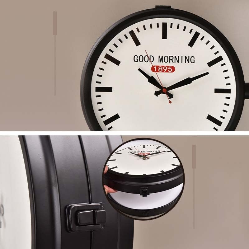 Doppelseitige Wanduhr aus Metall, Retro-Station Hängende Uhr mit schwarzem Rahmen, leises antikes Design für Innen- und Außenbereich, Garten, Heimdekoration