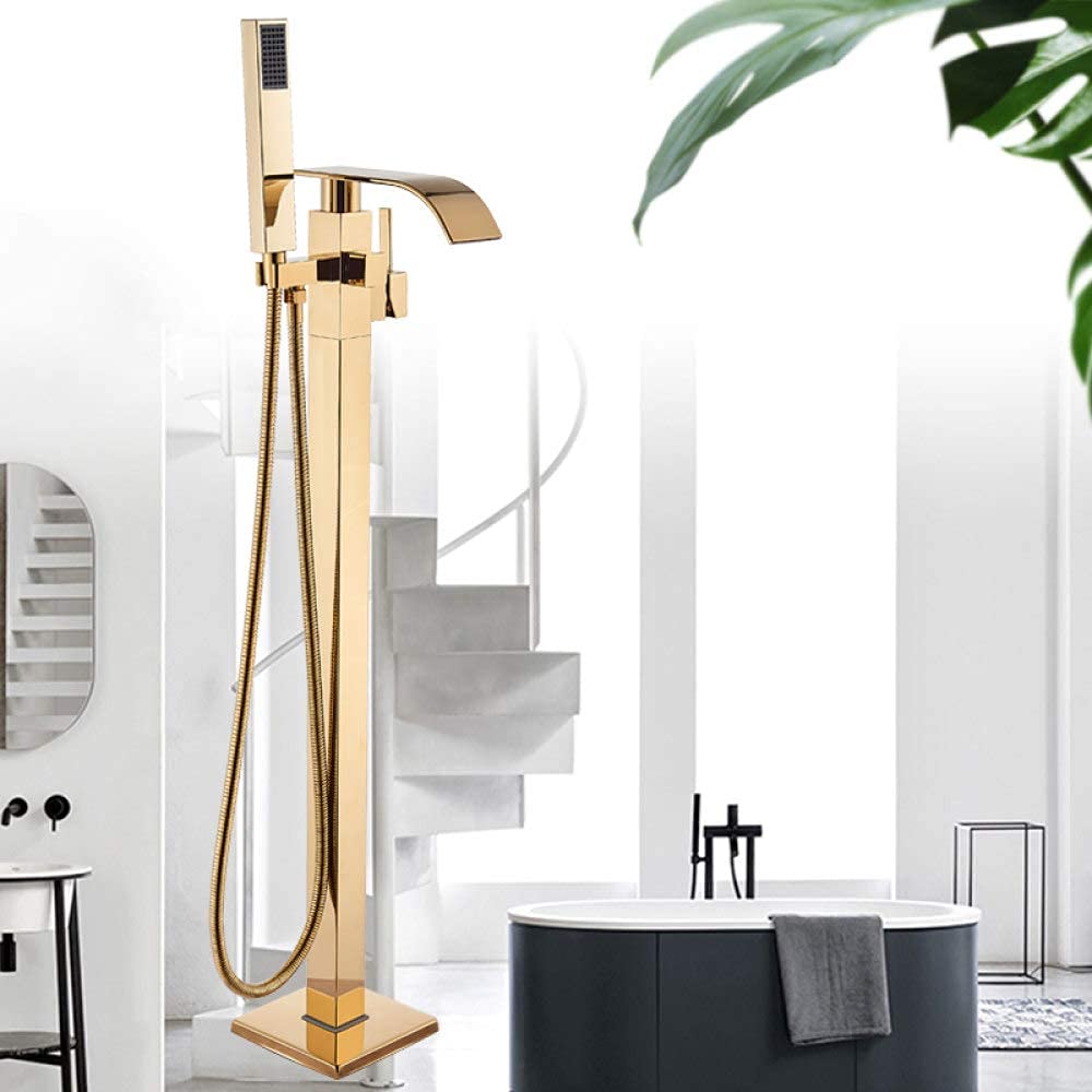 SnamicE Faucet Bathtub Faucet Golden Bathtub Shower Faucet Floor Mounted Bathroom Shower Mixer Tap Free Standing Waterfall,Golden Faucet,
