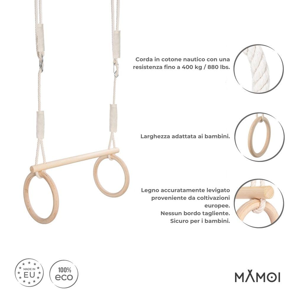 MAMOI® Anelli ginnastica artistica per bambini, Trapezio altalena in legno da casa, Attrezzatura altalene per uso interno, Dondolo multifunzione fino a 50kg