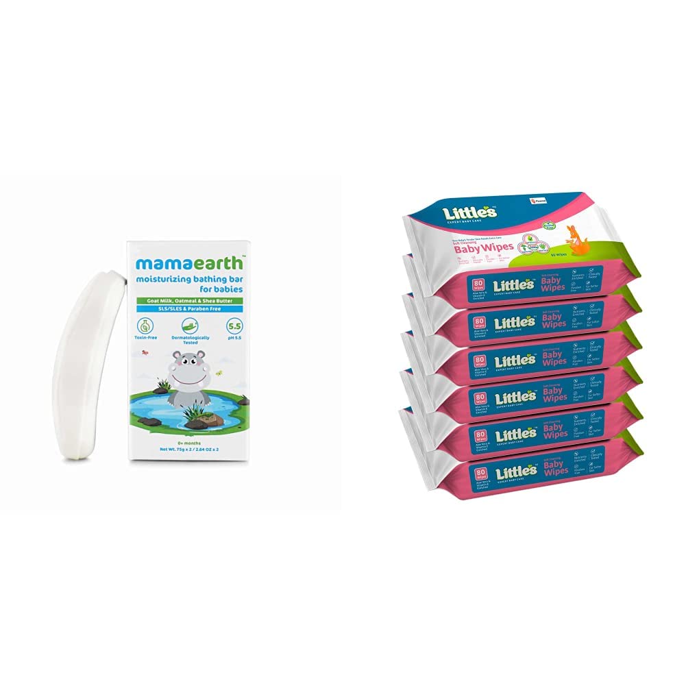Mamaearth Moisturizing Baby Bathing Soap Bar, pH 5.5, with Goat Milk & Oatmeal (75g*2) and Littles Soft Cleansing Baby Wipes with Aloe Vera, Jojoba Oil and Vitamin E (80 wipes) pack of 6 (B08S9R46T5) Amazon Price History, Amazon Price Tracker